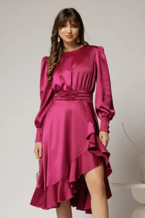 Rochie DY Fashion magenta din satin plin cu croi asimetric