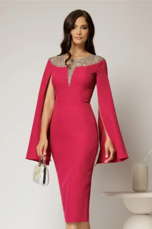 Rochie DY Fashion magenta midi cu manecile lungi crapate si aplicatii la bust