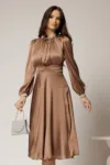 Rochie DY Fashion maro din voal cu perle la guler si maneci