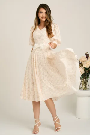Rochie DY Fashion midi alb in clos cu buline galbene si funda in talie