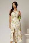 Rochie DY Fashion midi alba cu imprimeuri din in cu nasturi pe bust fara maneci