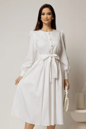 Rochie DY Fashion midi alba din bumbac cu nasturi pe bust si cordon in talie