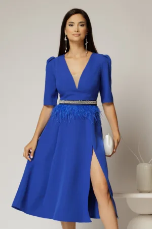 Rochie DY Fashion midi albastra cu cordon cu pene si perle in talie