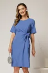 Rochie DY Fashion midi albastra cu nod in talie si adaos de viscoza