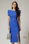 Rochie DY Fashion midi albastra de ocazie cu umeri bufanti si cordon detasabil