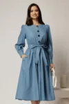Rochie DY Fashion midi albastra din bumbac cu nasturi pe bust si cordon in talie