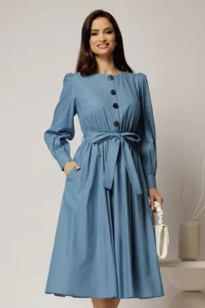 Rochie DY Fashion midi albastra din bumbac cu nasturi pe bust si cordon in talie
