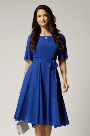 Rochie DY Fashion midi albastra din voal in clos cu glitter si cordon in talie