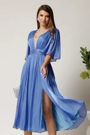 Rochie DY Fashion midi albastra din voal in clos cu tull la decolteu si crapatura pe picior