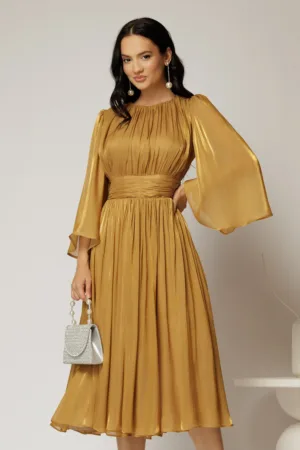 Rochie DY Fashion midi aurie din voal peliculizat cu maneci ample
