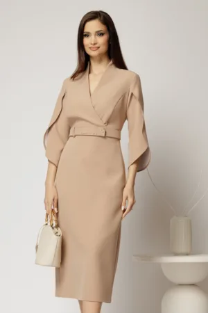 Rochie DY Fashion midi bej conica cu decolteu petrecut si maneci lalea