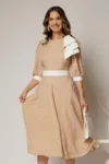 Rochie DY Fashion midi bej cu buline si funda ampla pe umar