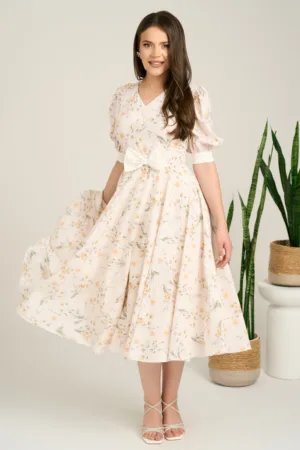 Rochie DY Fashion midi bej din satin in clos cu print floral si funda in talie