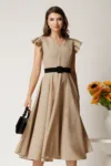 Rochie DY Fashion midi bej din stofa in clos cu buline si curea in talie