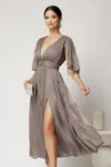 Rochie DY Fashion midi bej din voal in clos cu aspect sidefat si maneci sparte