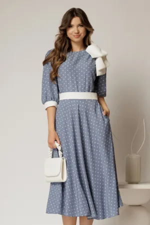 Rochie DY Fashion midi bleu cu buline si funda ampla pe umar