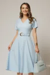 Rochie DY Fashion midi bleu cu decolteu in V si curea in talie