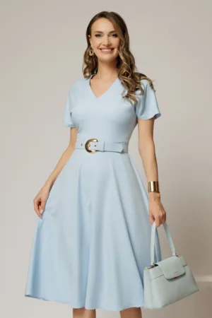 Rochie DY Fashion midi bleu cu decolteu in V si curea in talie