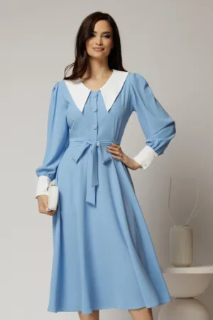 Rochie DY Fashion midi bleu cu guler si mansete in contrast
