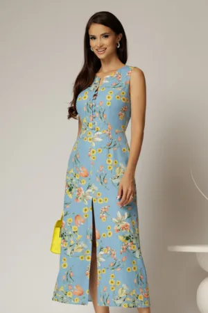 Rochie DY Fashion midi bleu cu imprimeuri din in cu nasturi pe bust fara maneci