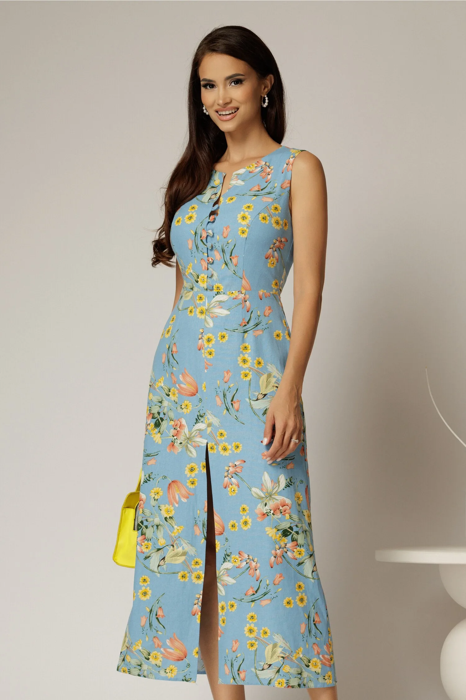 Rochie DY Fashion midi bleu cu imprimeuri din in cu nasturi pe bust fara maneci