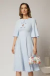 Rochie DY Fashion midi bleu cu maneci evazate si funde pe bust