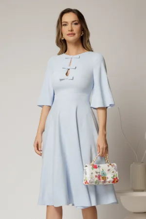 Rochie DY Fashion midi bleu cu maneci evazate si funde pe bust