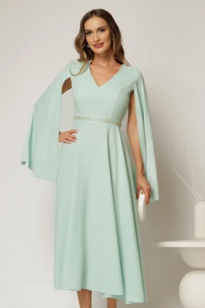 Rochie DY Fashion midi bleu cu maneci lungi crapate si aplicatii in talie