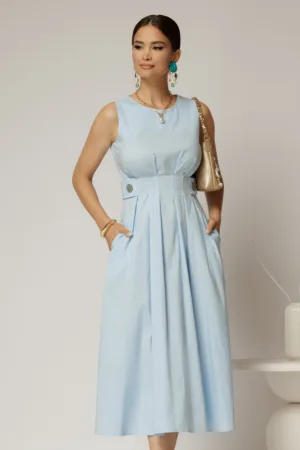Rochie DY Fashion midi bleu din bumbac cu nasturi si cusaturi pe talie