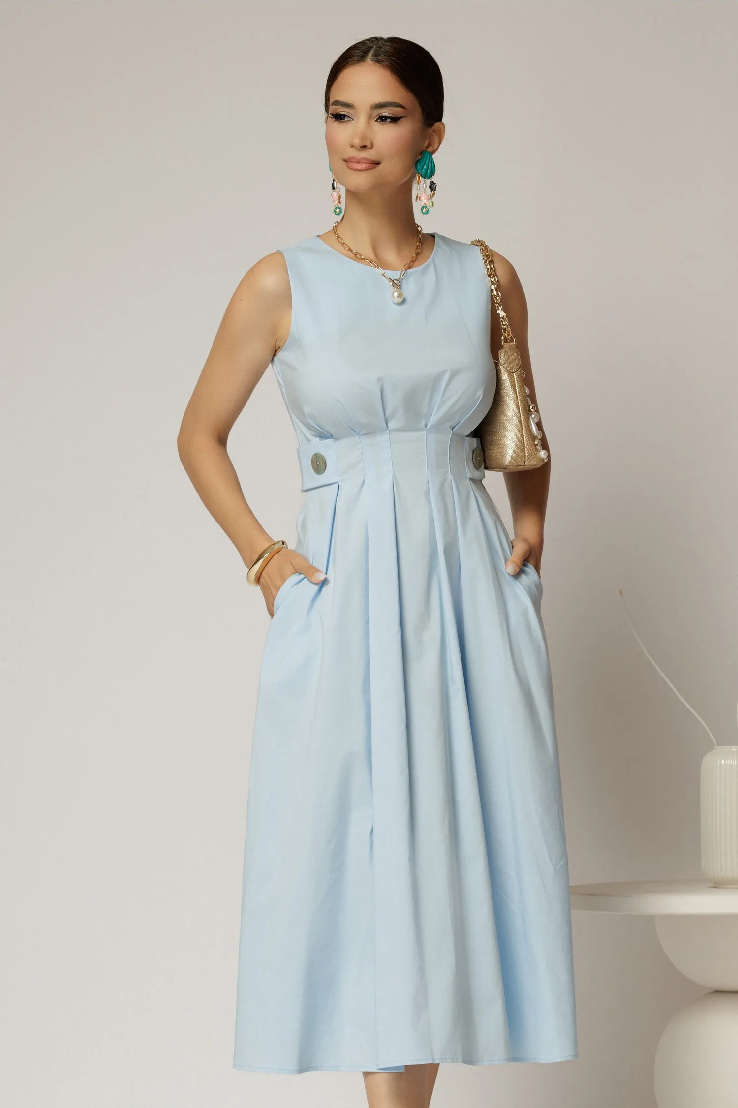 Rochie DY Fashion midi bleu din bumbac cu nasturi si cusaturi pe talie