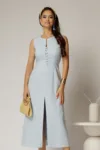 Rochie DY Fashion midi bleu din in cu nasturi pe bust fara maneci