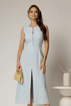 Rochie DY Fashion midi bleu din in cu nasturi pe bust fara maneci