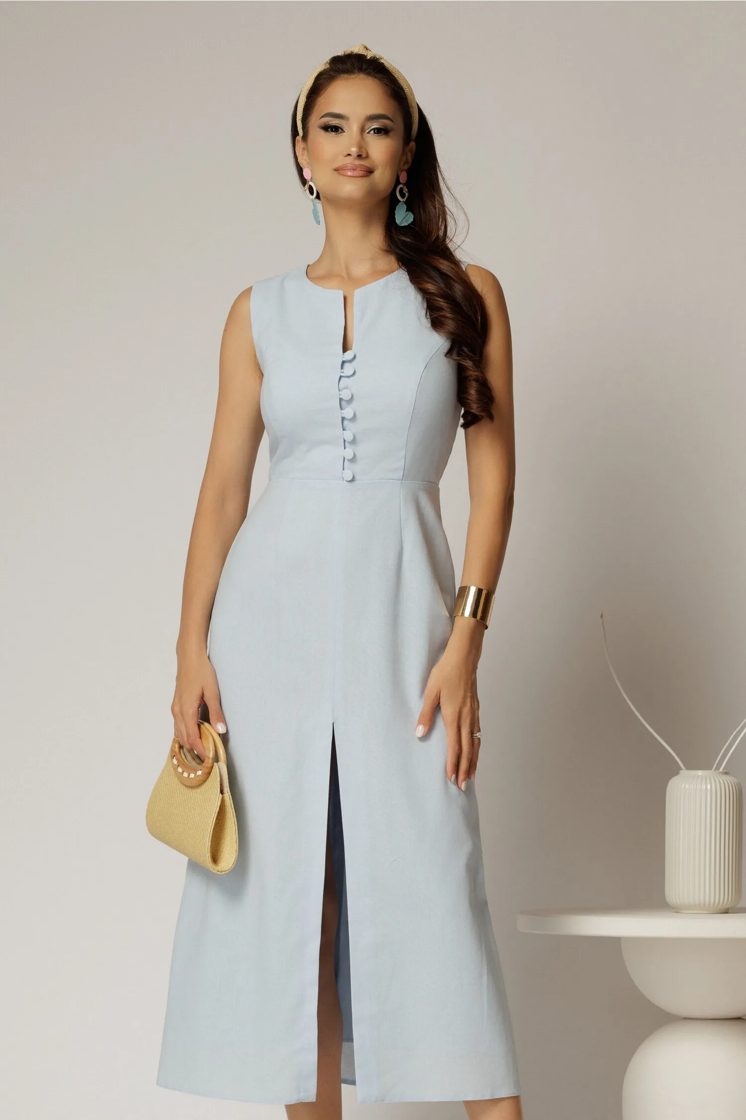 Rochie DY Fashion midi bleu din in cu nasturi pe bust fara maneci
