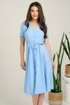 Rochie DY Fashion midi bleu din material fluid in clos cu nasturi si cordon in talie