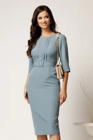 Rochie DY Fashion midi bleu din stofa conica cu pliuri pe bust si curea in talie