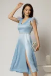 Rochie DY Fashion midi bleu din tafta cu pene la umeri