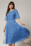 Rochie DY Fashion midi bleu din voal in clos cu fir lurex si accesoriu la decolteu
