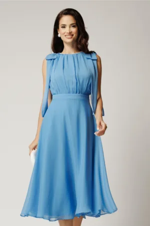 Rochie DY Fashion midi bleu din voal in clos cu funde la umeri