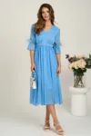 Rochie DY Fashion midi bleu din voal in clos cu pene la maneci si accesoriu in talie