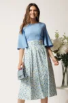Rochie DY Fashion midi bleu in clos cu fusta din voal cu imprimeu