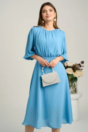 Rochie DY Fashion midi bleu in clos din voal cu accesorii pe umeri