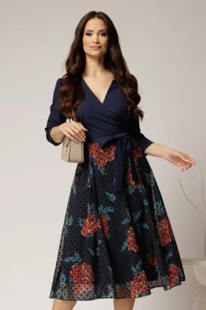 Rochie DY Fashion midi bleumarin cu decolteu petrecut si fusta din voal imprimat