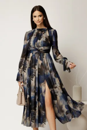 Rochie DY Fashion midi bleumarin cu imprimeu din tulle fin in clos cu crapatura pe picior