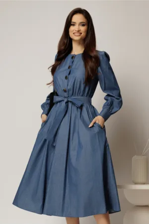 Rochie DY Fashion midi bleumarin din bumbac cu nasturi pe bust si cordon in talie