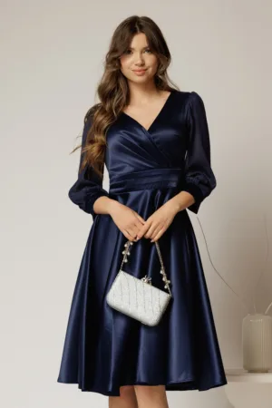 Rochie DY Fashion midi bleumarin din tafta cu maneci din voal cu lurex