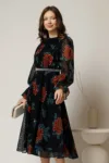 Rochie DY Fashion midi bleumarin din voal cu buline de catifea in clos cu perle in talie
