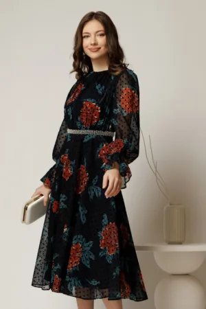 Rochie DY Fashion midi bleumarin din voal cu buline de catifea in clos cu perle in talie