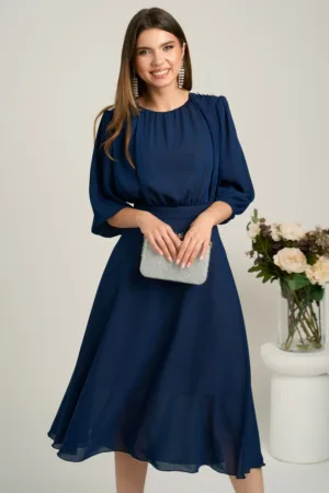 Rochie DY Fashion midi bleumarin in clos din voal cu accesorii pe umeri
