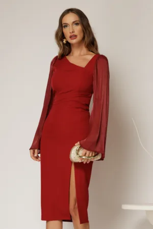 Rochie DY Fashion midi bordo cu maneci din voal ample si decolteu asimetric