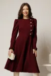 Rochie DY Fashion midi bordo cu nasturi si volanase la bust